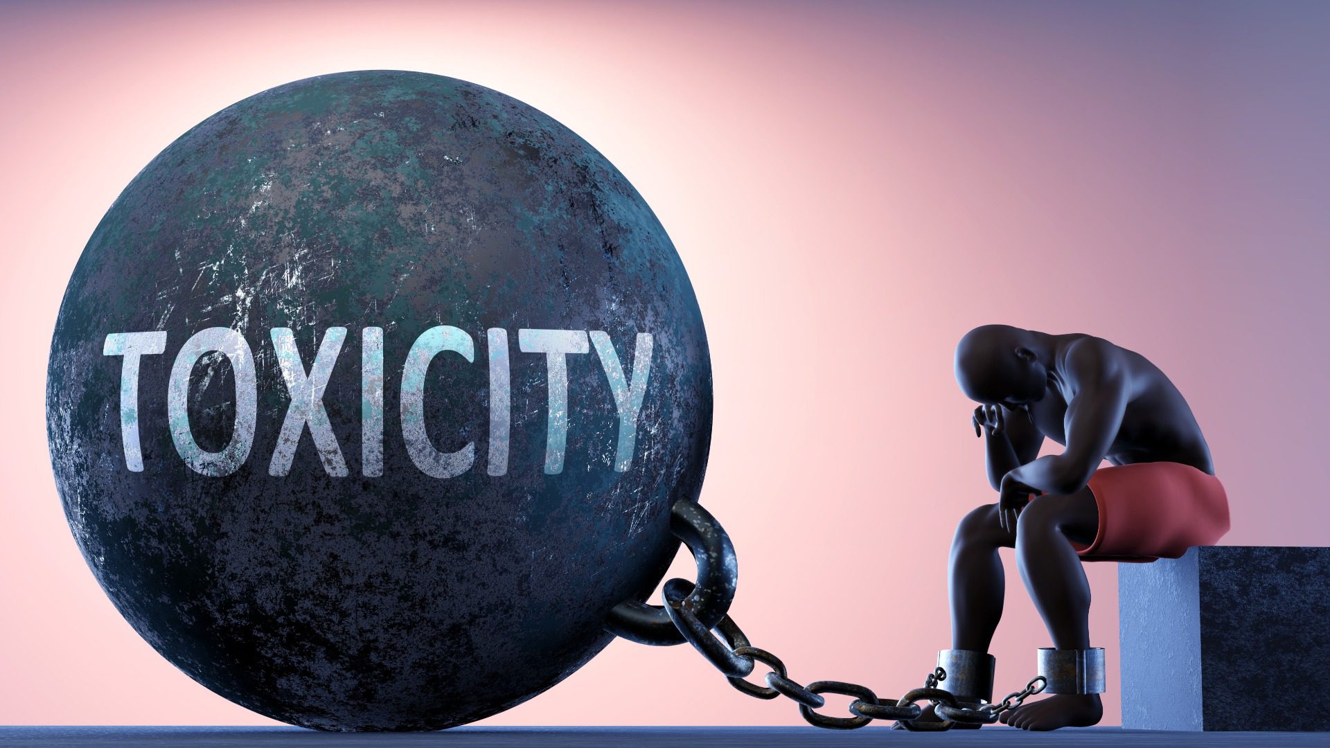 Toxicity as a heavy weight in life - symbolized by a person in chains attached to a prisoner ball to show that Toxicity can cause suffering, 3d illustration Toxicity as a heavy weight in life - symbolized by a person in chains attached to a prisoner ball to show that Toxicity can cause suffering, 3d illustration